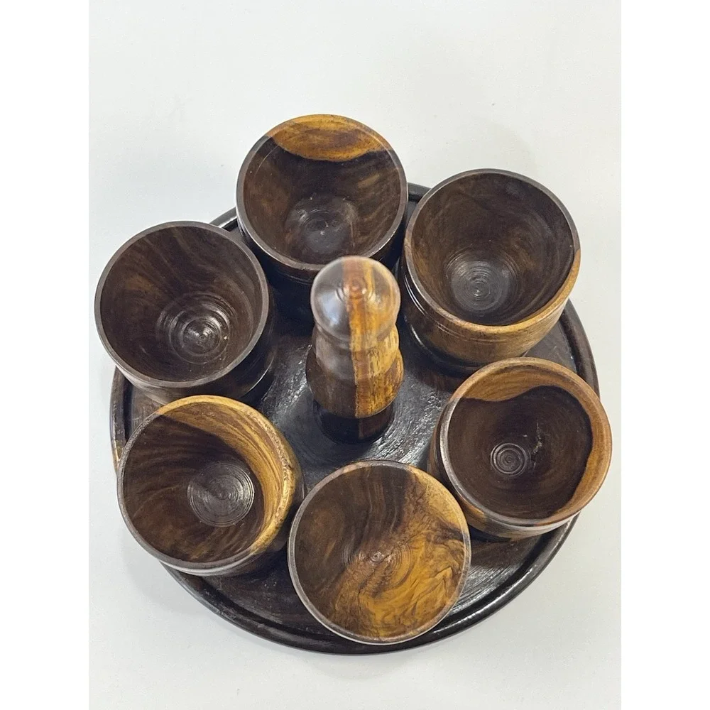Wooden Goblets W/Tray Egg‎ Holder ~ Possibly Olive Or Teak Wood Vintage4.5 in